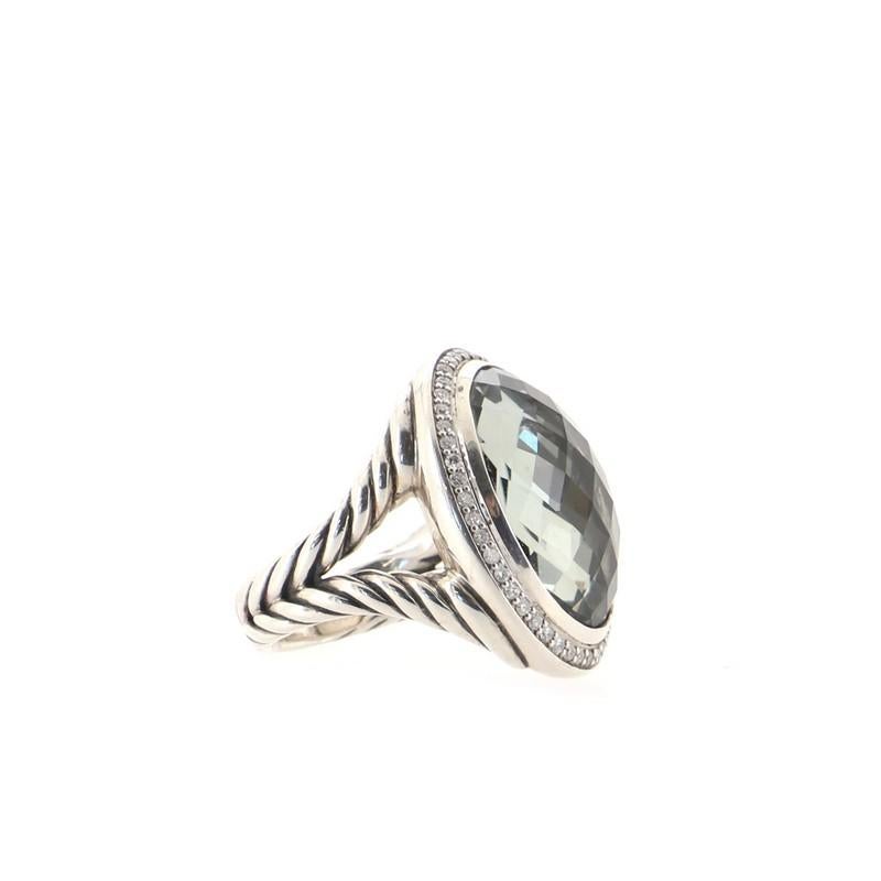 Condition: Good. Moderate wear to metal
Accessories: No Accessories
Measurements: Size: 7.5 - 56
Designer: David Yurman
Model: Signature Oval Ring Sterling Silver with Prasiolite and Diamonds 18mm
Exterior Color: Green, Silver
Item Number: 82448/7