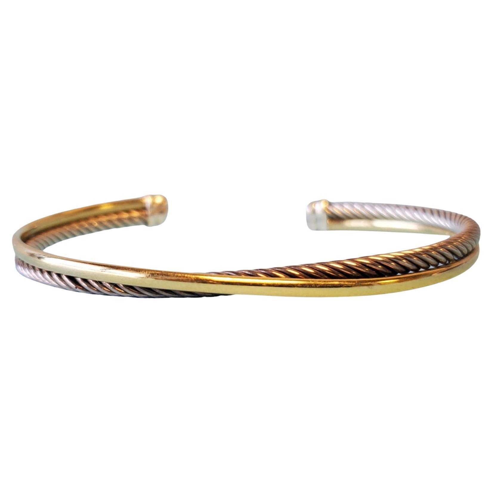 David Yurman Signed Bangle 18k Yellow Gold and Sterling Braided Bracelet For Sale