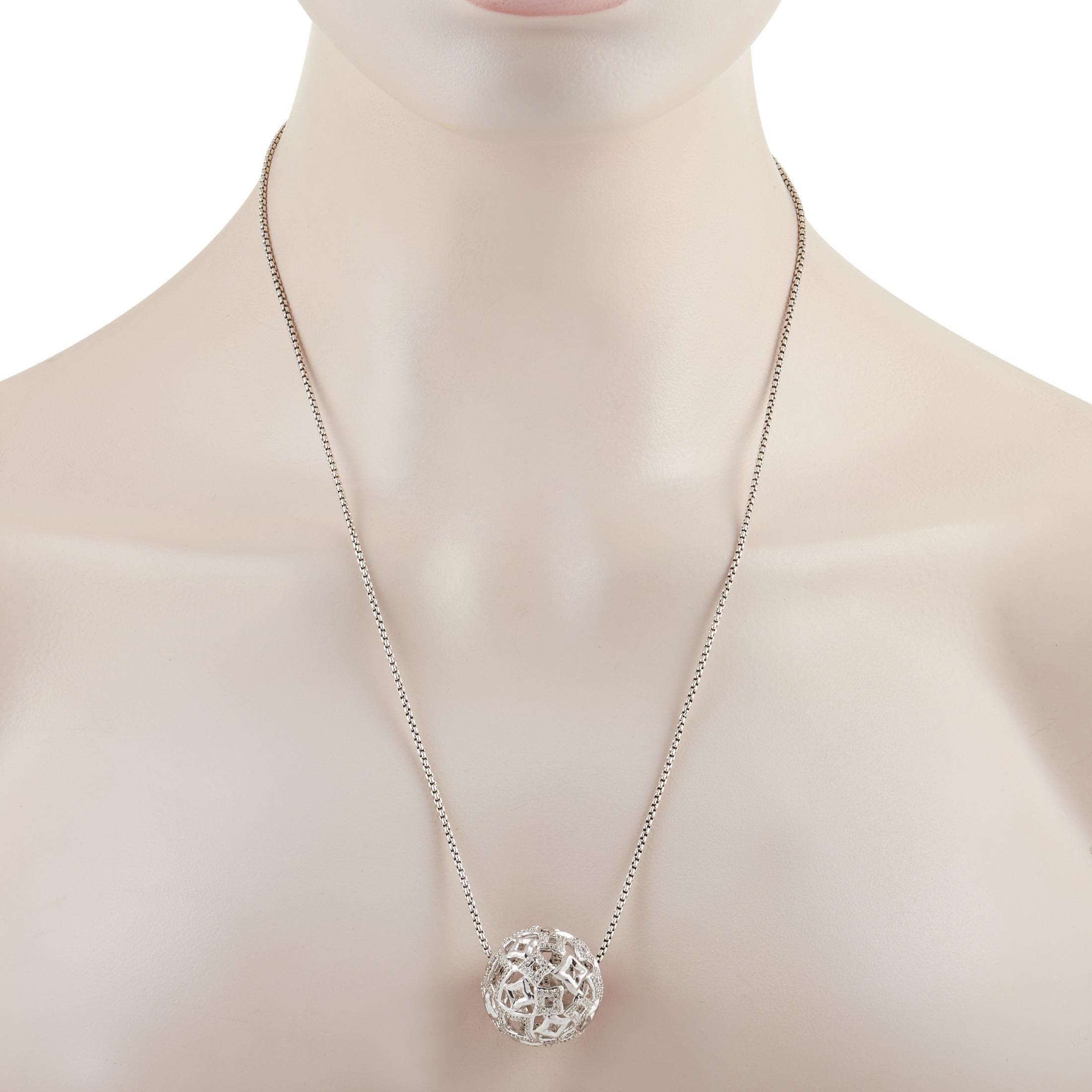 Suspending along a 31-inch chain is a ball of glitter that's sure to give whatever you wear a playful sparkle. This authentic David Yurman Silver 1.00 ct Diamond Ball Pendant Necklace features a 0.88-inch ball-shaped pendant with a sculpted