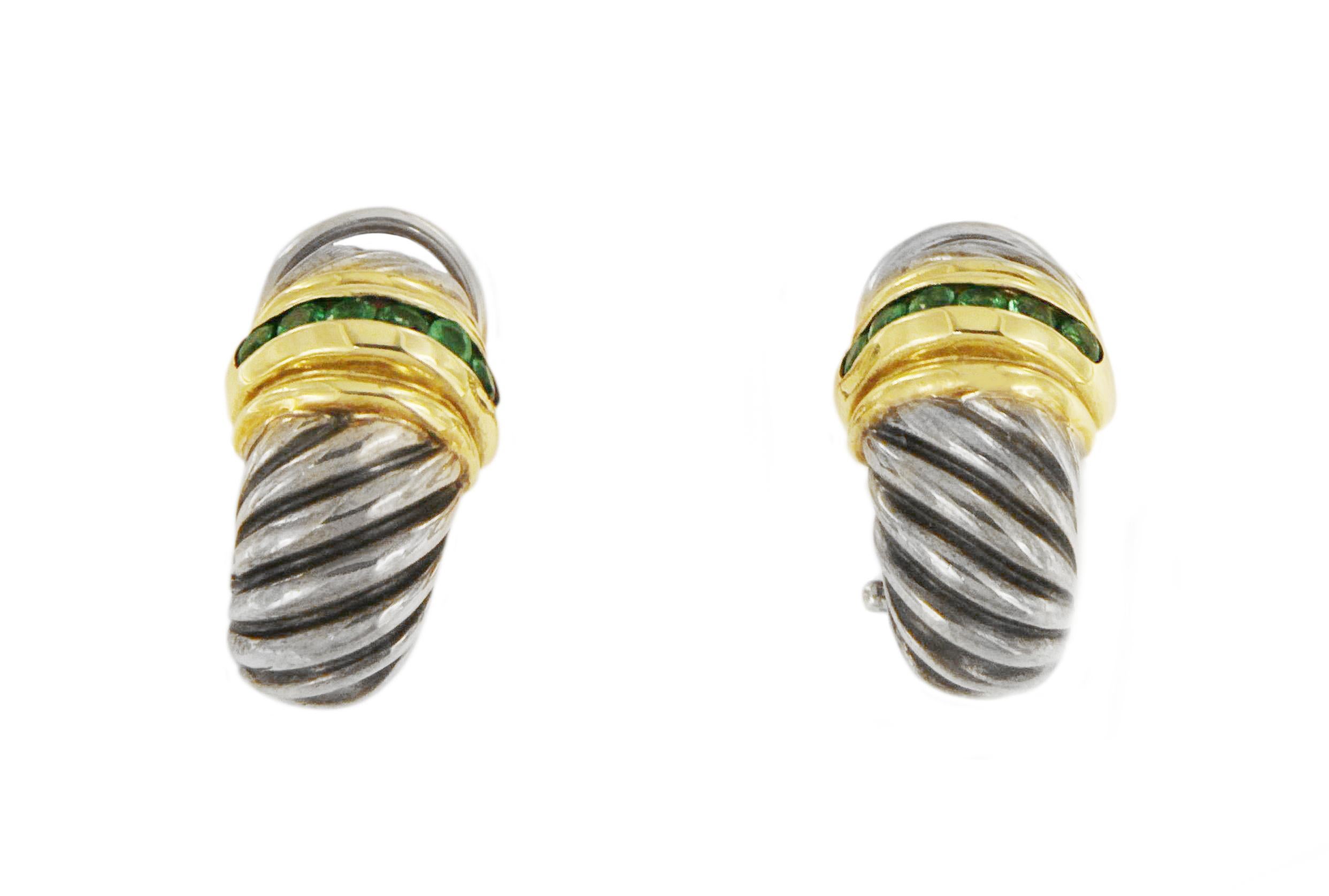 David Yurman Silver & 14k Gold .40ct Emerald Shrimp Earrings In Good Condition In New York, NY