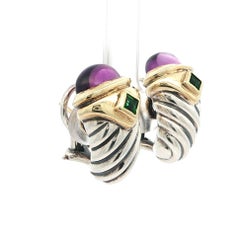David Yurman Silver & 14k Gold Amethyst Green Stone Cable Renaissance Earrings