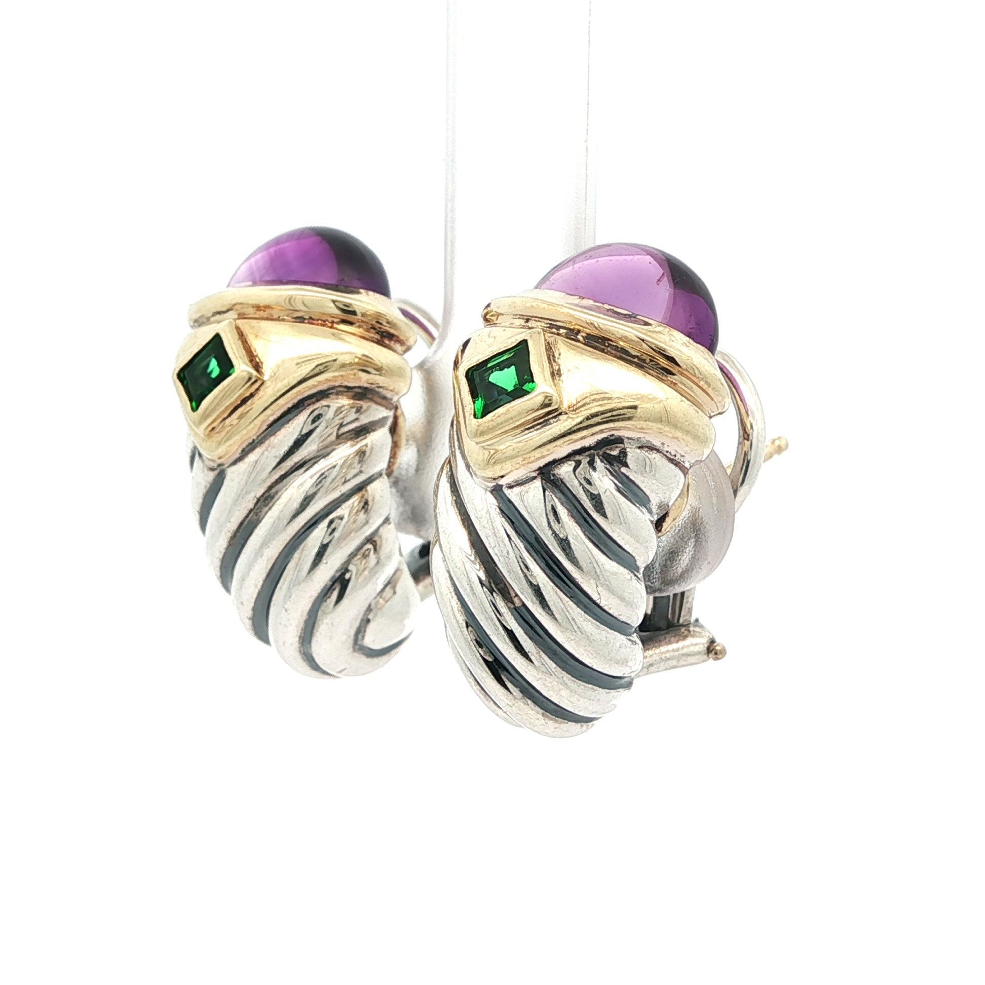 David Yurman Pendientes Renacimiento Cable Plata y Oro 14k Amatista Piedra Verde Cabujón en venta