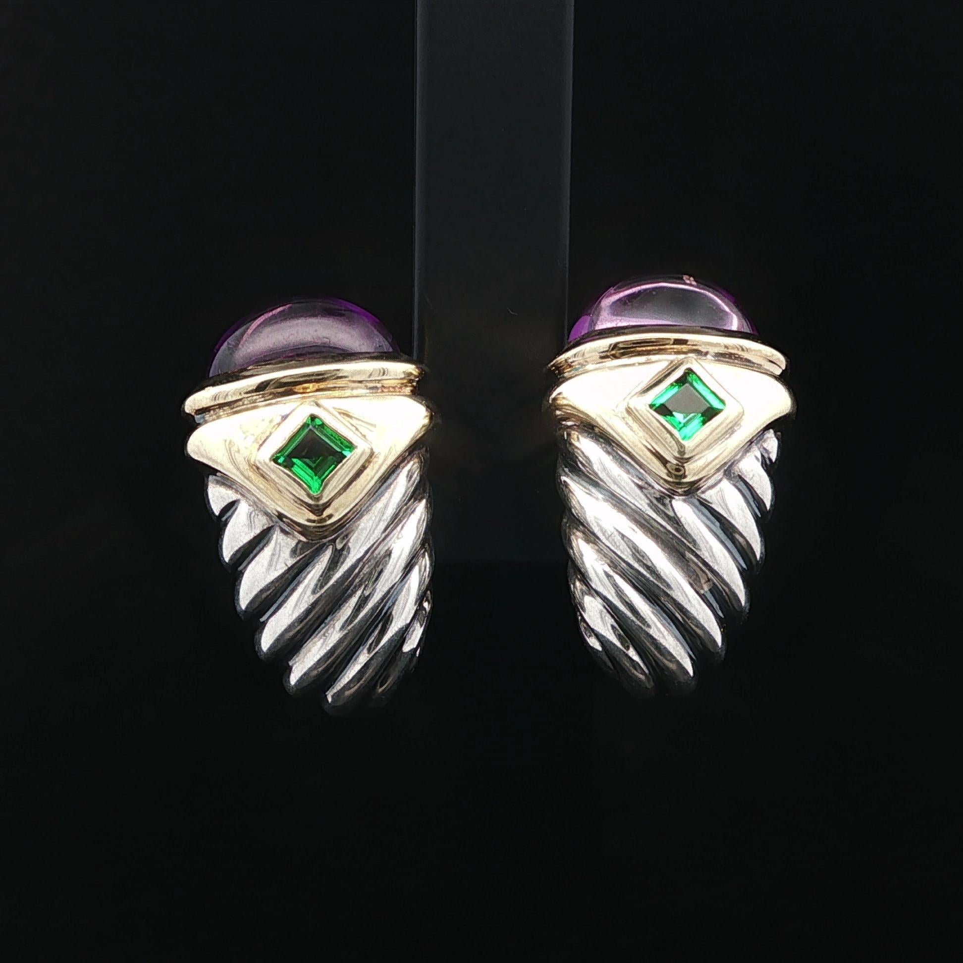 David Yurman Pendientes Renacimiento Cable Plata y Oro 14k Amatista Piedra Verde en venta 2
