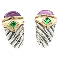 David Yurman Silver & 14k Gold Amethyst Green Stone Cable Renaissance Earrings (Boucles d'oreilles Renaissance en argent et en or 14k)