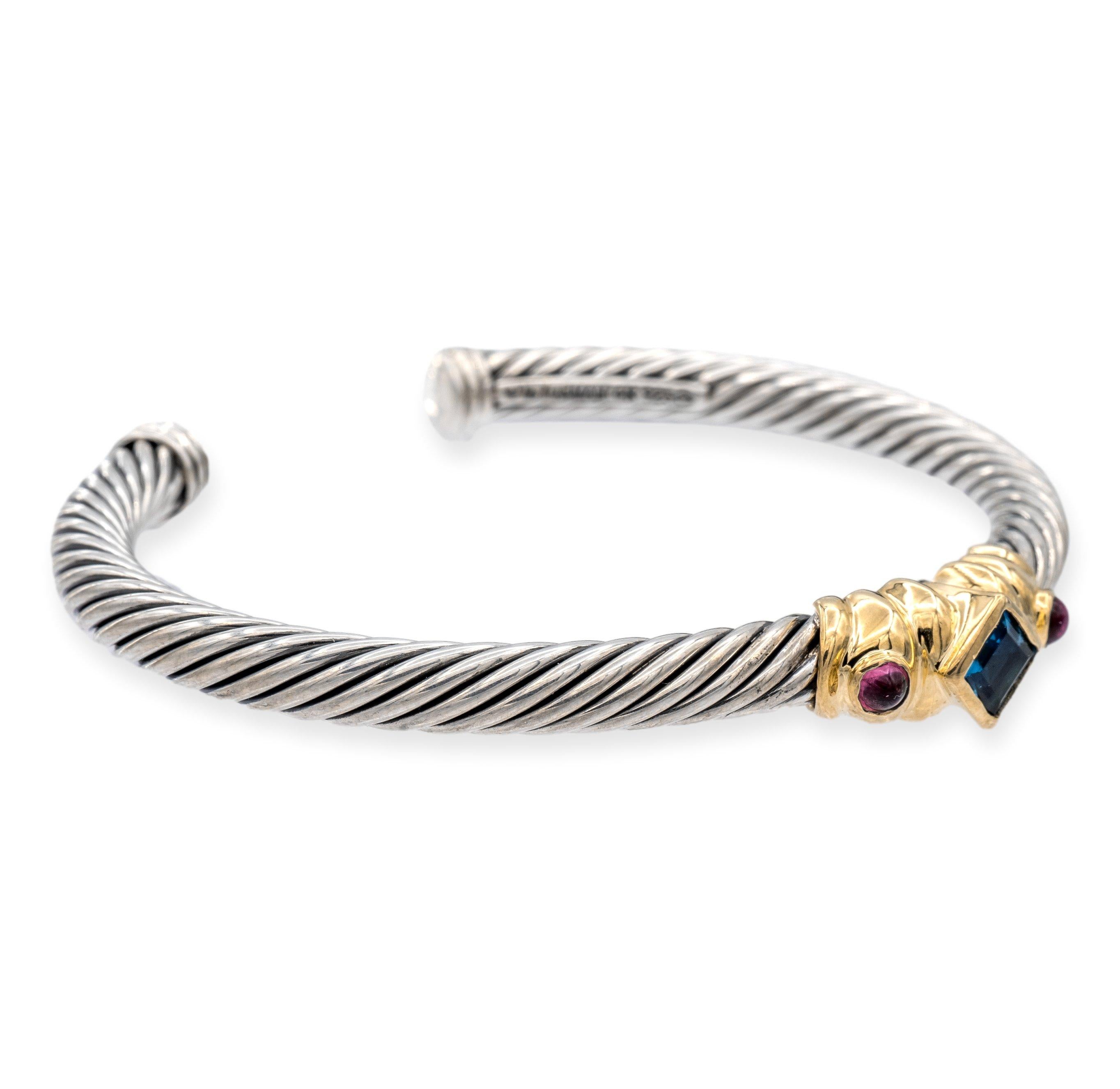 David Yurman Renaissance Bracelet is a beautiful and intricate piece of jewelry. It is made of a combination of sterling silver and 14K yellow gold , designed to fit wrists 7.25 inches in circumference, making it a X-large size. The width of the