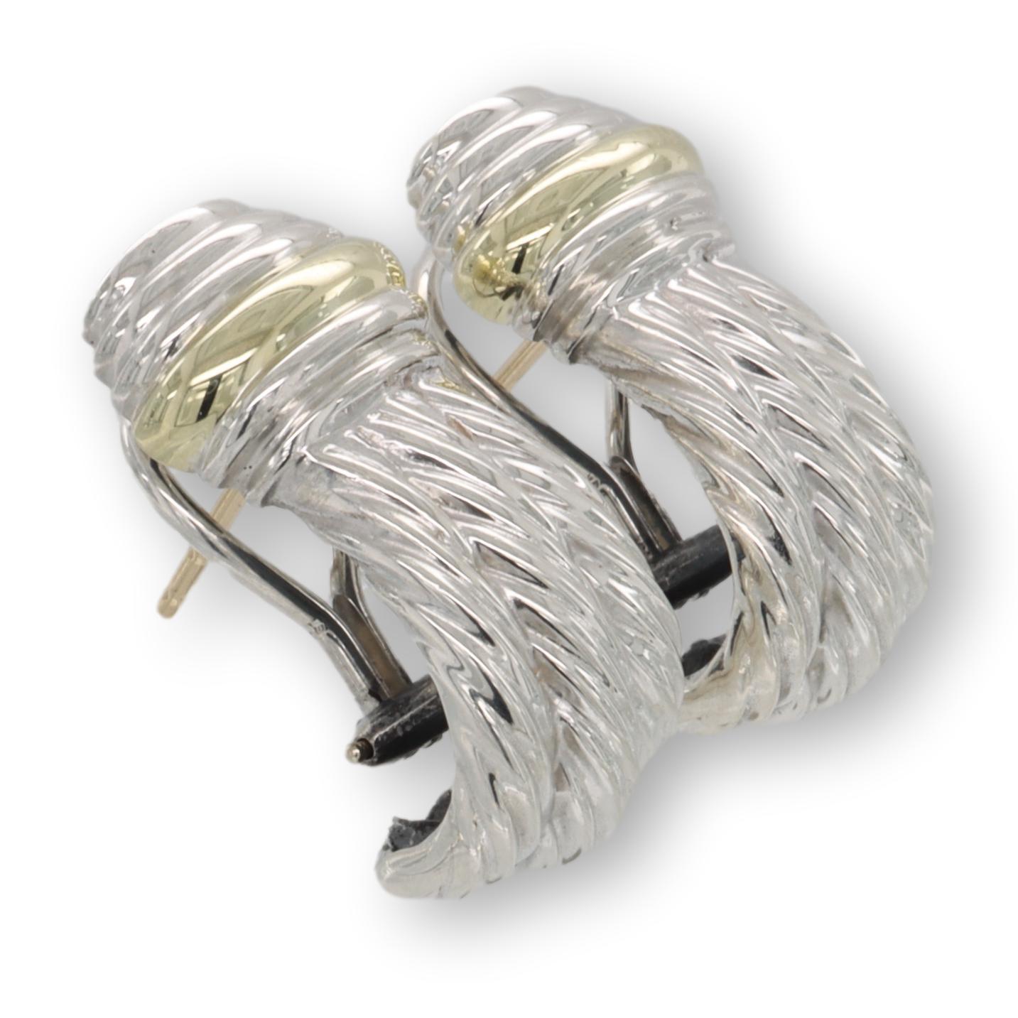 David Yurman two tone pair of earrings from the cable classics Renaissance collection finely crafted in blackened sterling silver with three rows of fluted cable strips and one yellow detail strip made in 14 karat yellow gold.The earrings have large