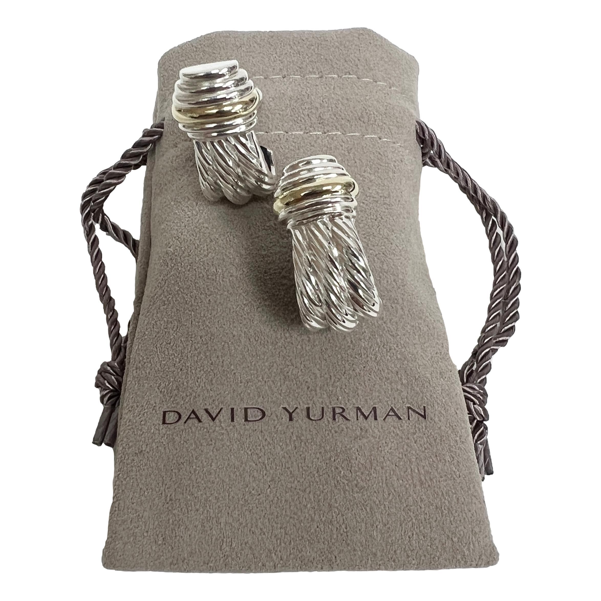 David Yurman Silver and 14K Gold Cable Renaissance Large Half Hoop Earrings In Excellent Condition In New York, NY