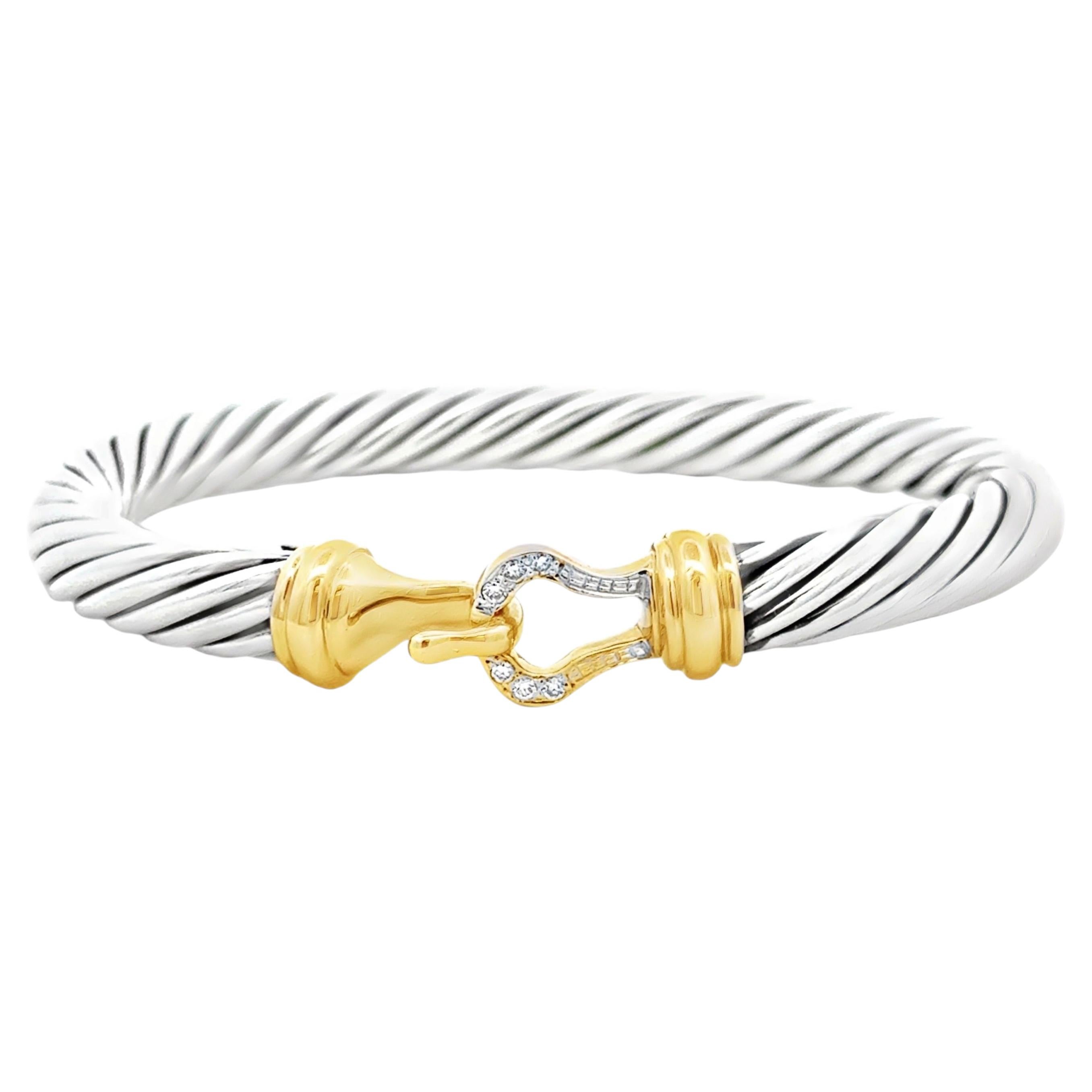 David Yurman Silver and 14k Gold Classic Cable Buckle Bangle Bracelet For Sale