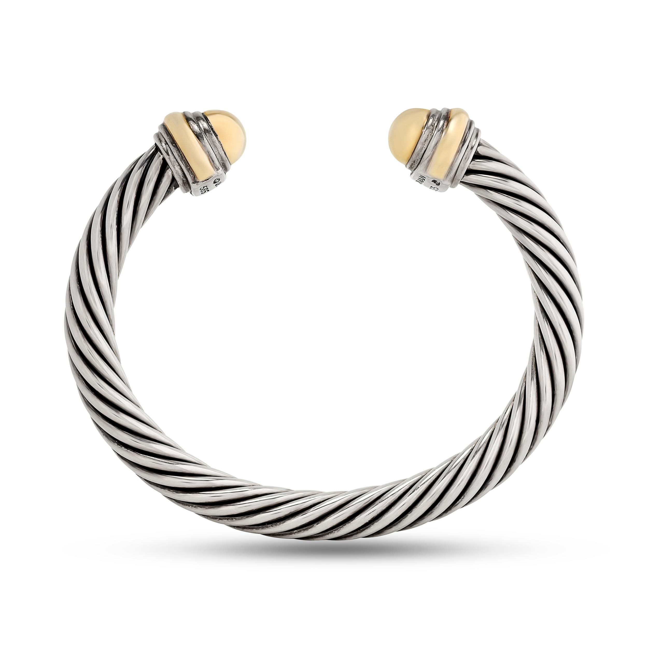 David Yurman Silver and 14K Yellow Gold Caps Cable Cuff Bracelet In Excellent Condition In Philadelphia, PA