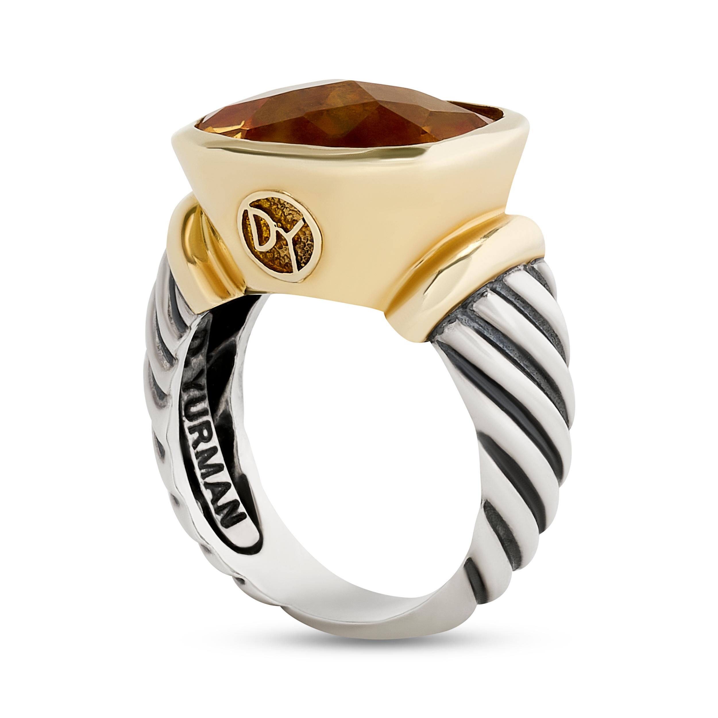 Cushion Cut David Yurman Silver and 14K Yellow Gold Citrine Nobelesse Ring