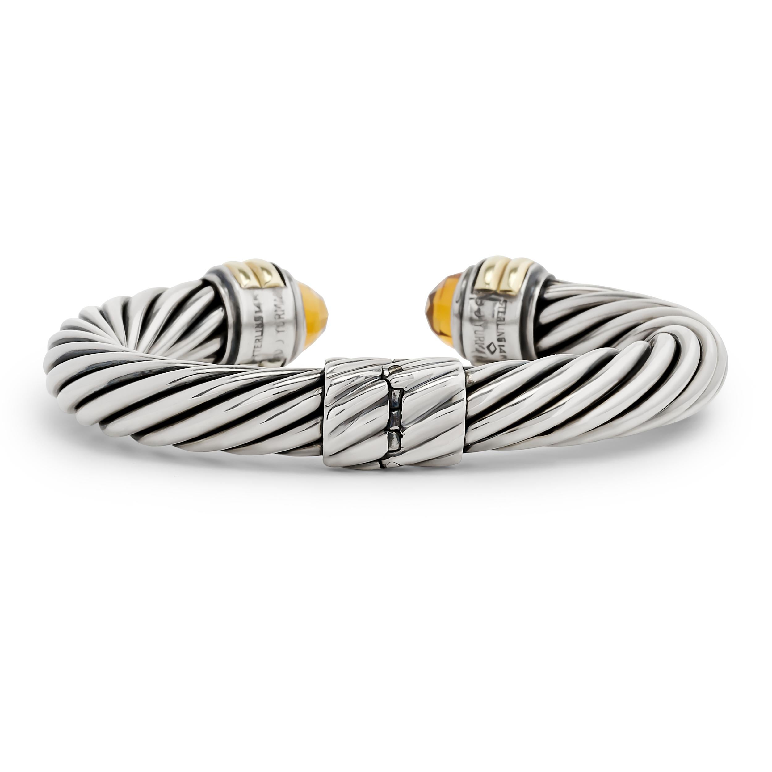 Rose Cut David Yurman Silver and 14K Yellow Gold Double Citrine Twisted Cuff Bracelet