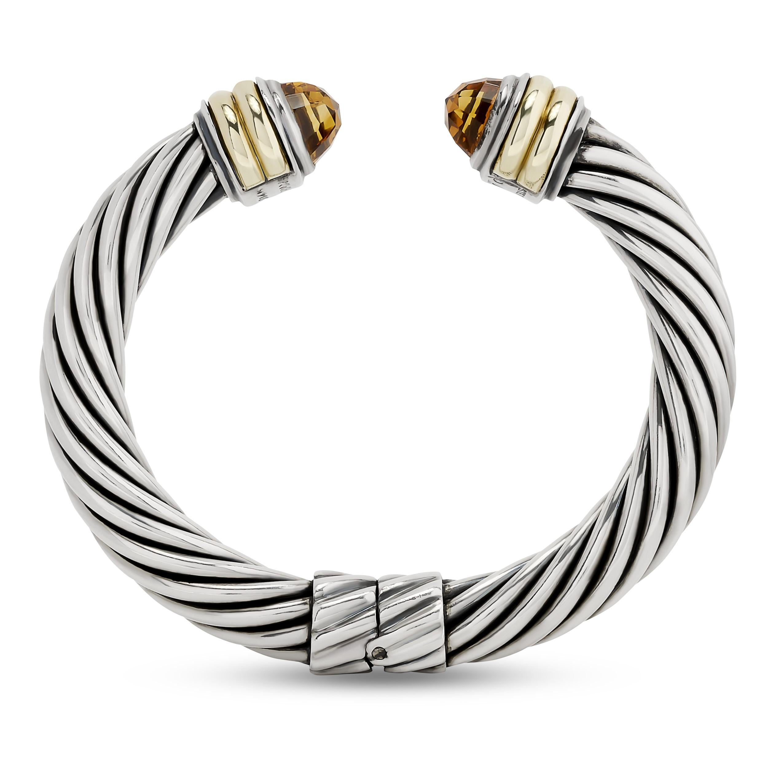 David Yurman Silver and 14K Yellow Gold Double Citrine Twisted Cuff Bracelet In Excellent Condition In Philadelphia, PA