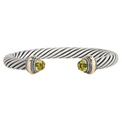 David Yurman Silver and 14K Yellow Gold Double Peridot Cable Cuff Bracelet