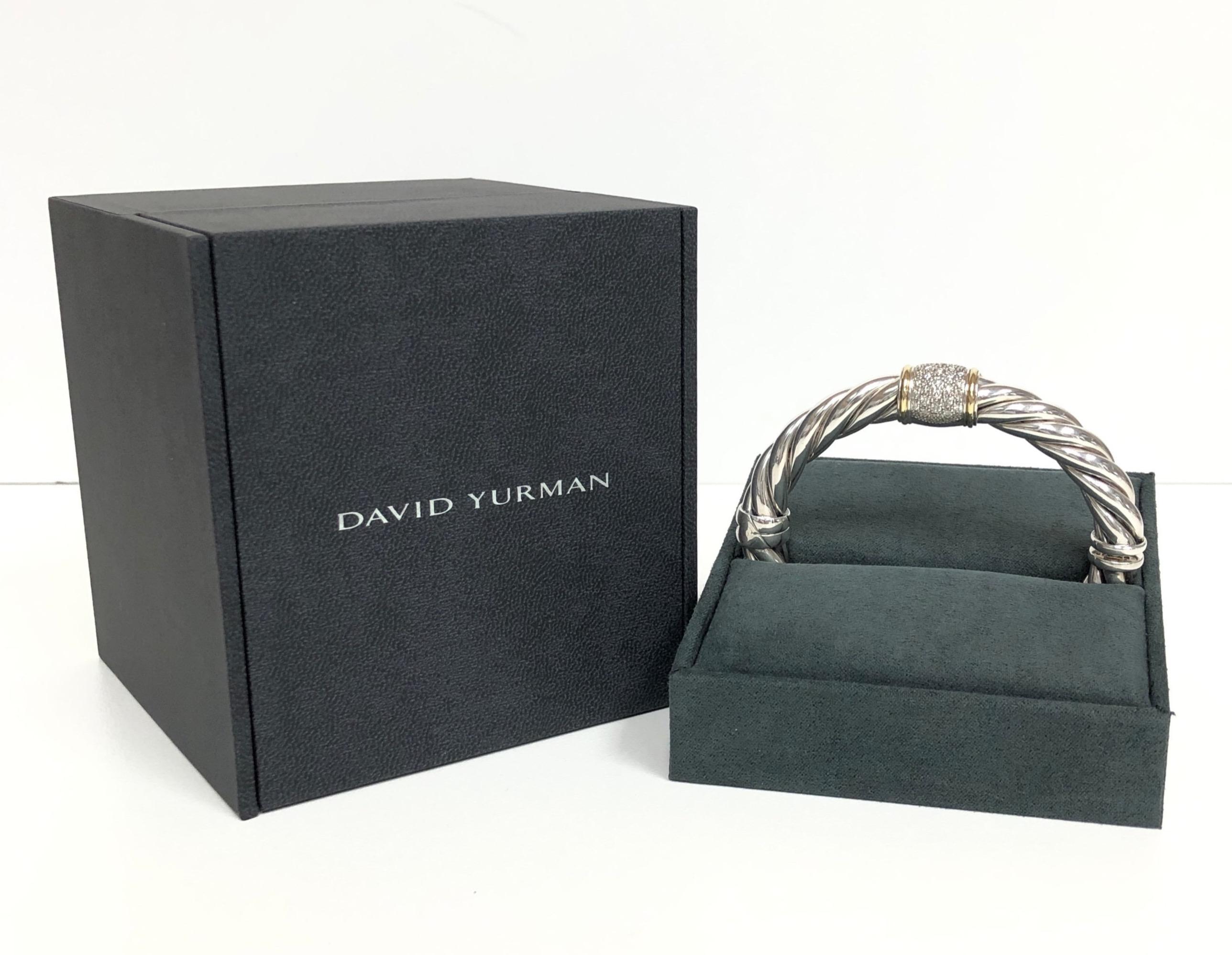 David Yurman Silver and 18K Cable Classics Vintage Pave Diamond Bangle Bracelet  In Excellent Condition In New York, NY