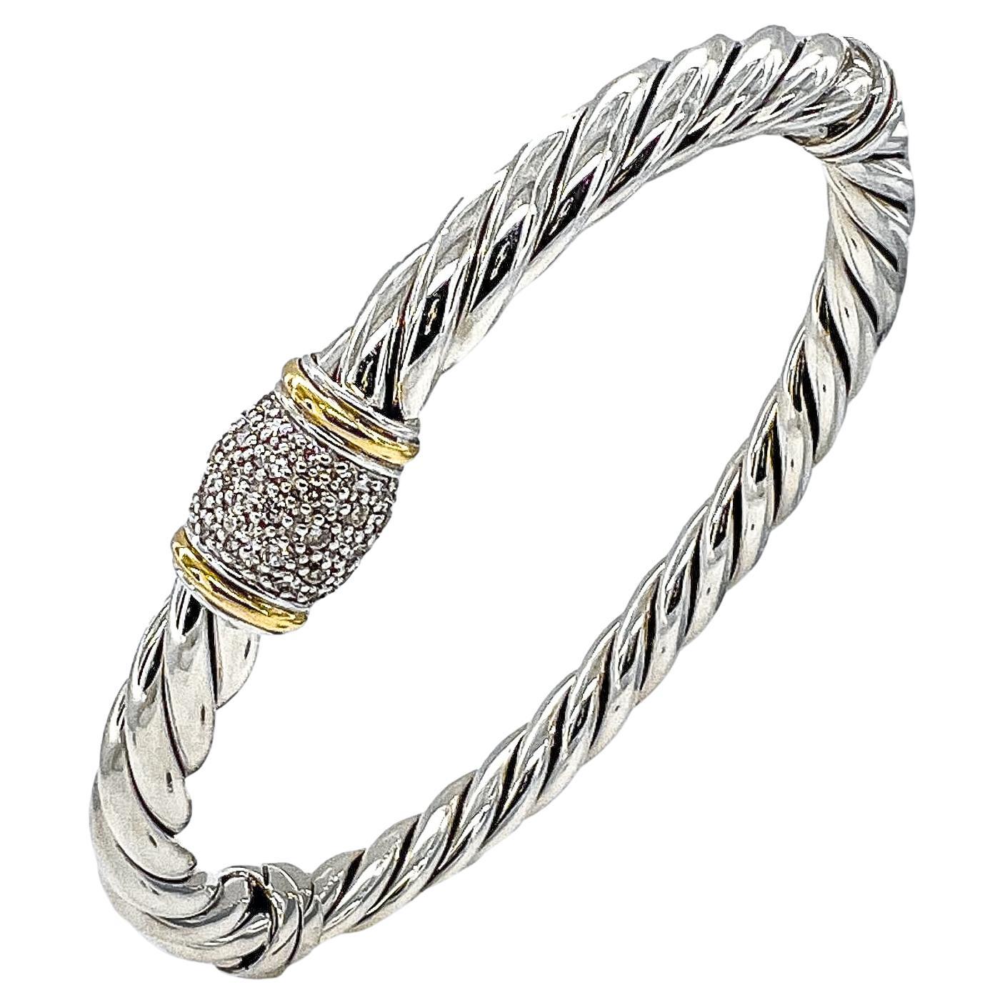 David Yurman Silver and 18K Cable Classics Vintage Pave Diamond Bangle Bracelet