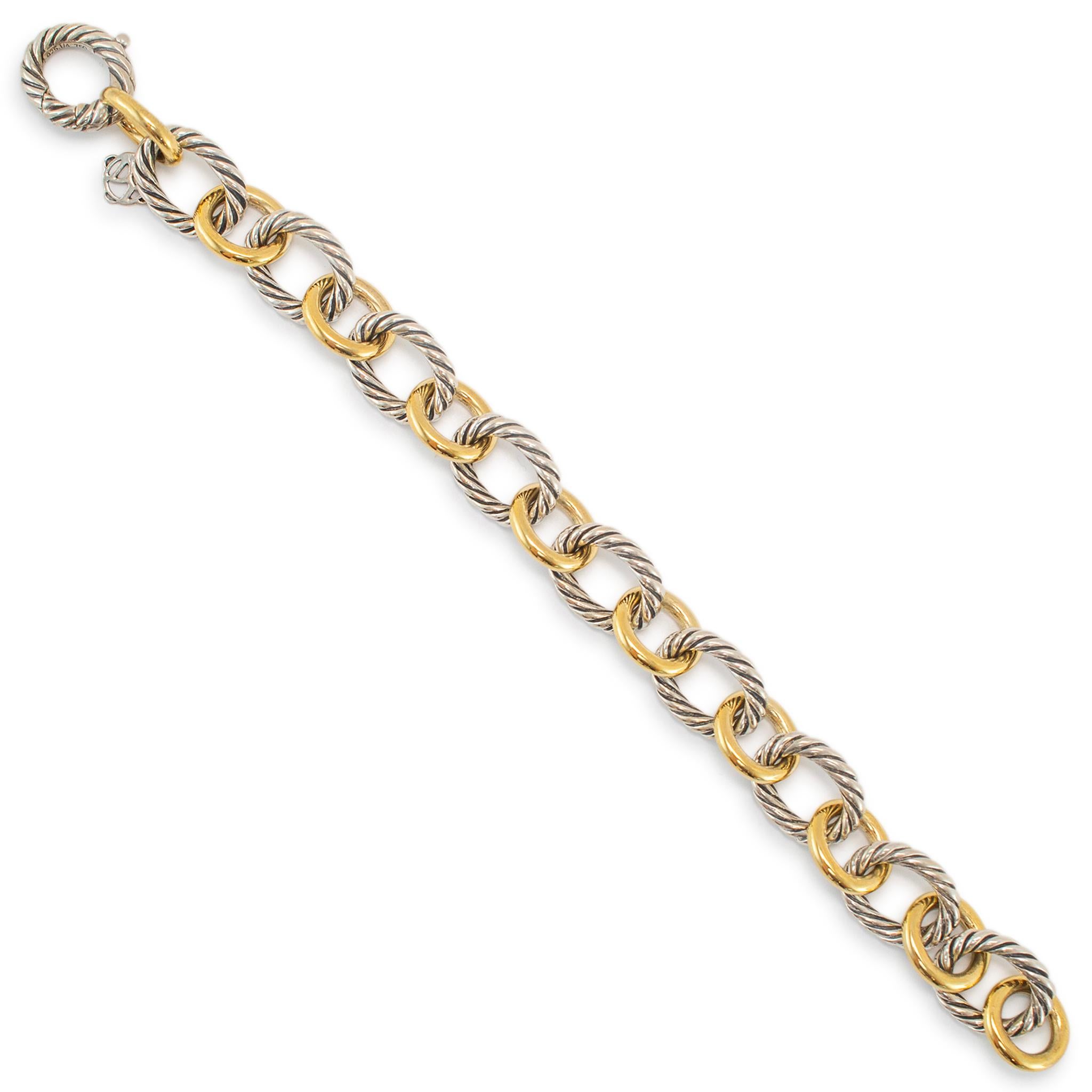 David Yurman Silver and 18K Yellow Gold Two-Tone Oval Link Bracelet In Excellent Condition In Houston, TX