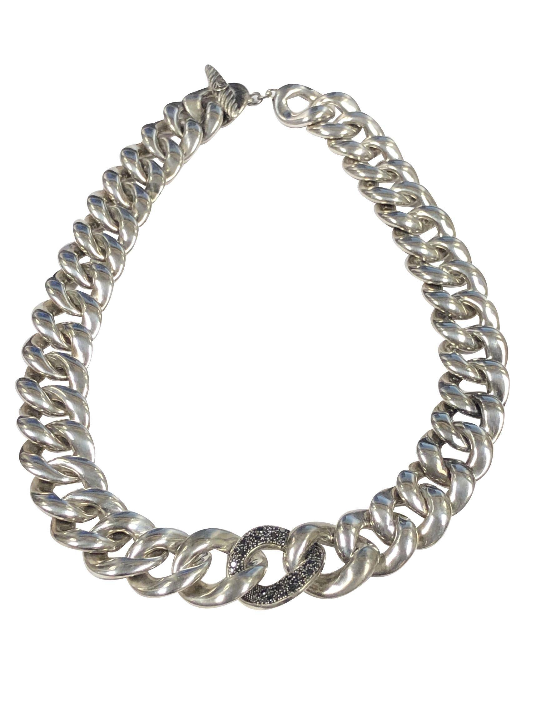 Circa 2010 David Yurman Sterling Silver Curb Link Necklace. The links measure 3/4 inch wide and 3 M.M. thick. The larger center link of the necklace is Pave set with Round Brilliant cut Black Diamonds totaling 3/4 Carat. Having a Toggle clasp the