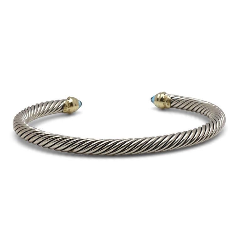 Round Cut David Yurman Silver and Gold Blue Topaz Cable Bracelet