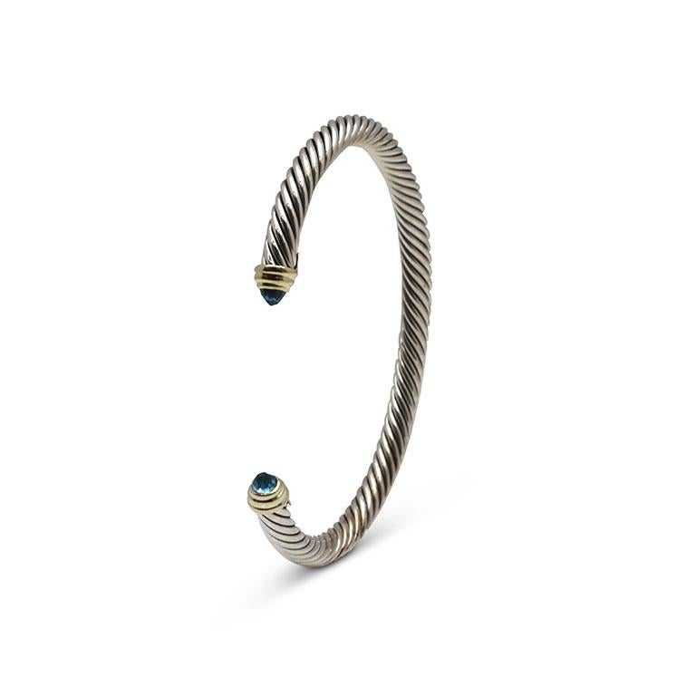David Yurman Silver and Gold Blue Topaz Cable Bracelet In Excellent Condition In New York, NY