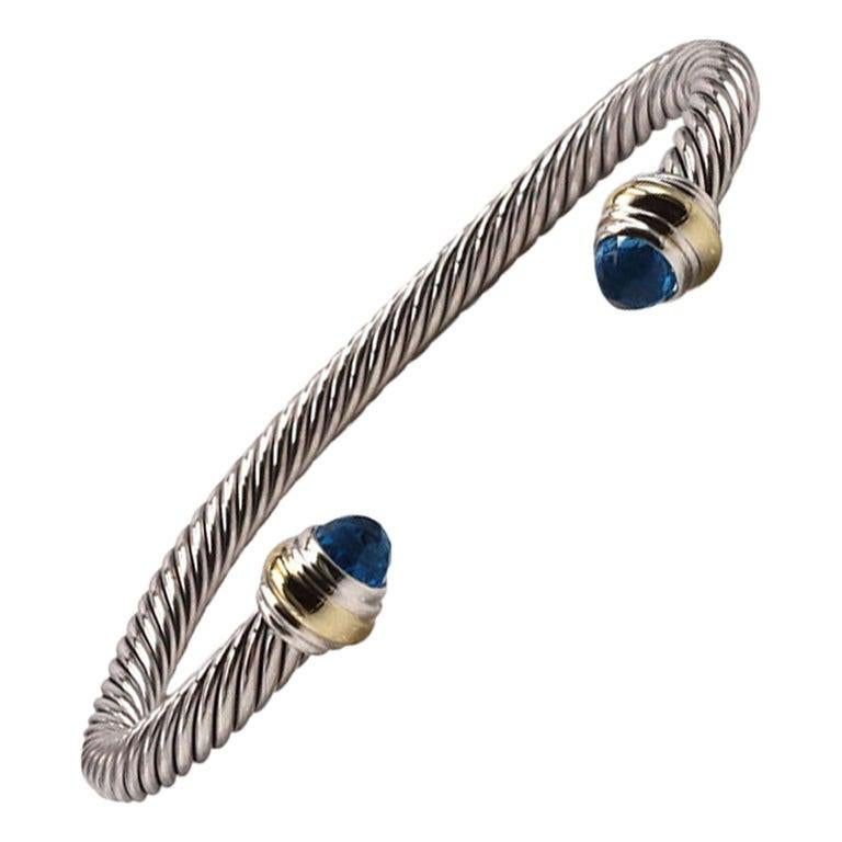 David Yurman Silver and Gold Blue Topaz Cable Bracelet