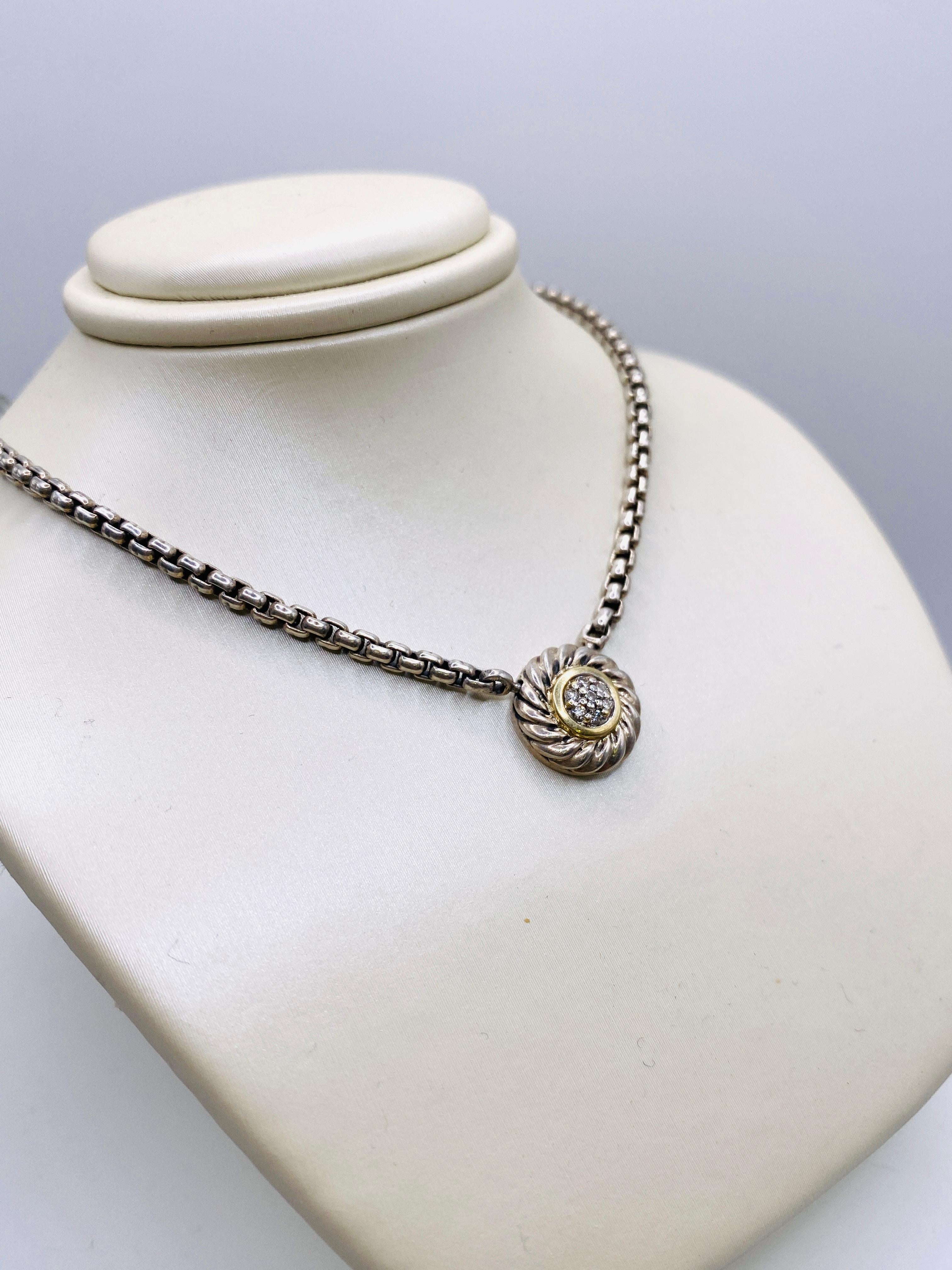 David Yurman cookie sterling silver and 18k yellow gold 7-0.05 carat total weight pave set diamond pendant with 16