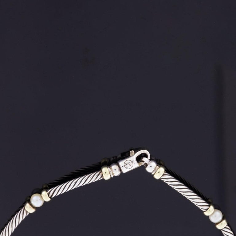 David Yurman Silver and Gold Hampton Cable Pearl Station Choker Necklace In Excellent Condition In Columbia, MO