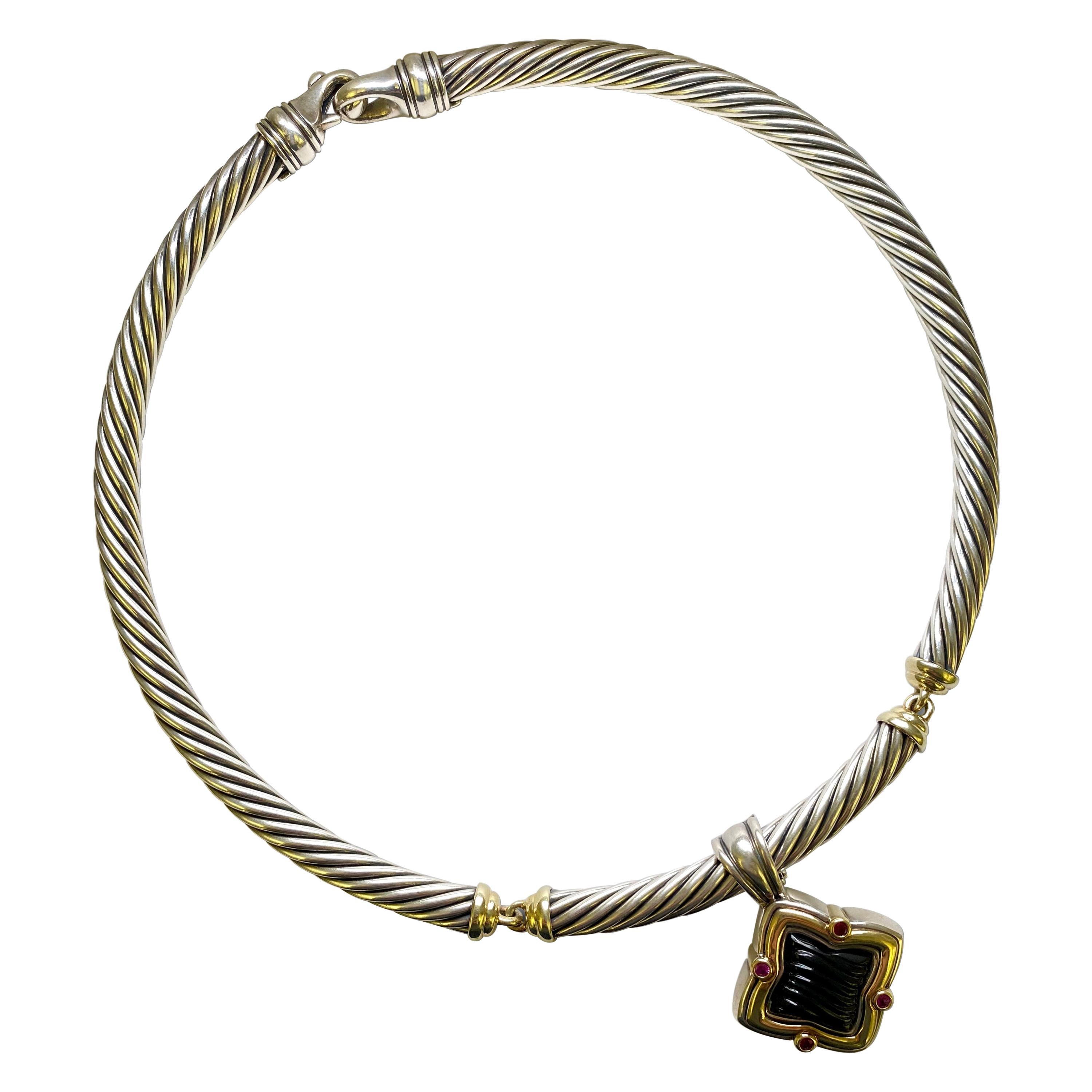 David Yurman Silver and Gold Onyx Garnet Quatrefoil Pendant Necklace
