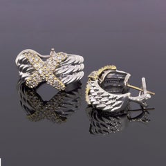 David Yurman Silver and Gold Pave Diamond "X" Crossover Triple Cable Earrings
