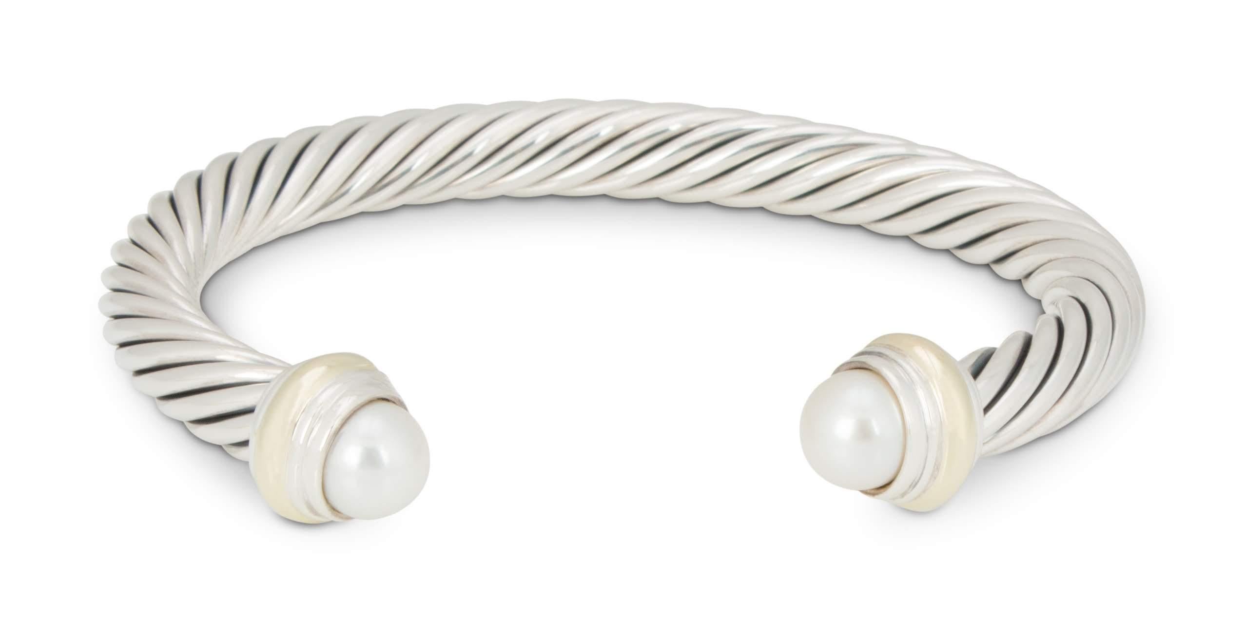 David Yurman Silver and Gold Pearl Cable Bracelet In Excellent Condition In New York, NY