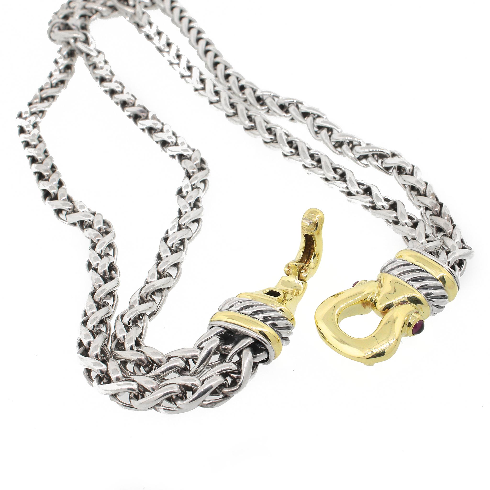 David Yurman Silver and Solid 14 karat Gold Double Wheat Chain Buckle Necklace In Good Condition In New York, NY