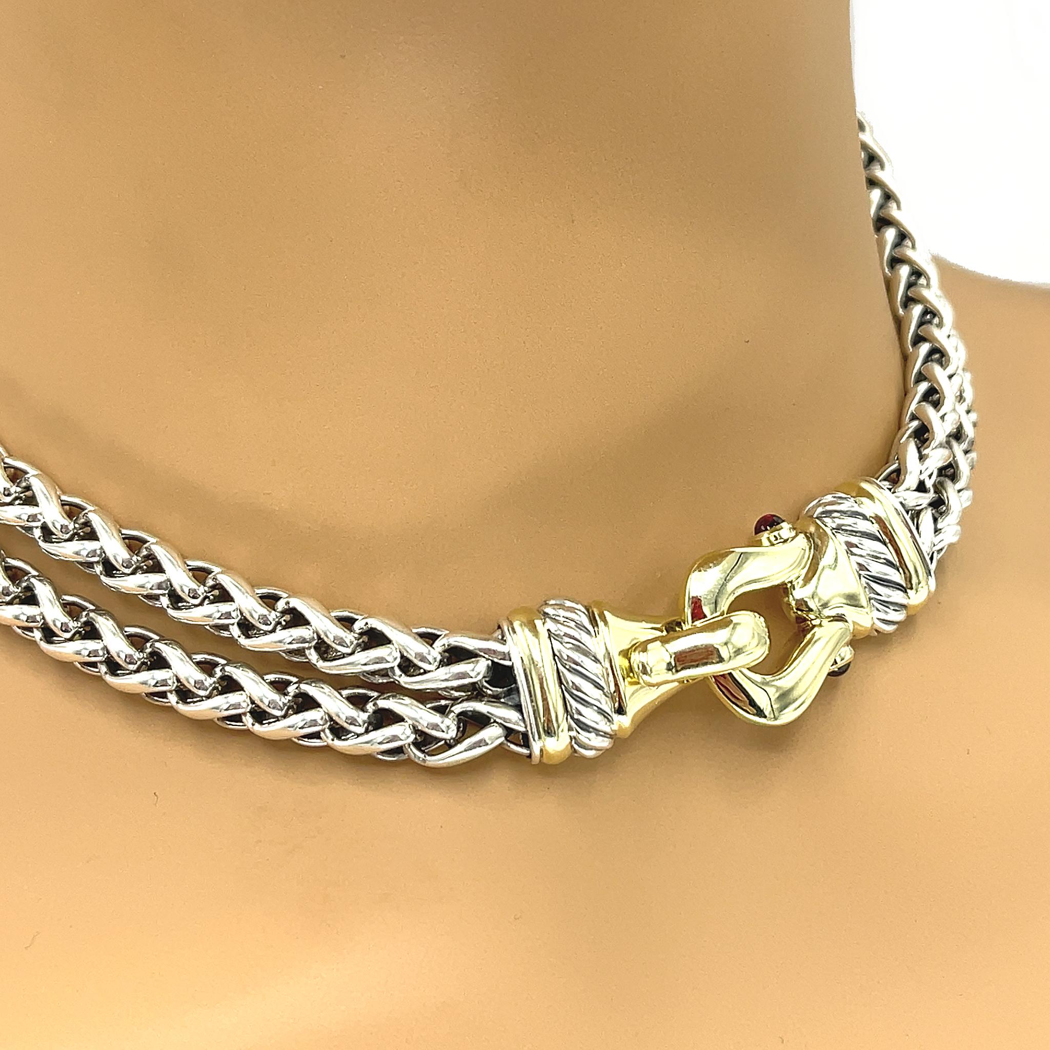 David Yurman Silver and Solid 14 karat Gold Double Wheat Chain Buckle Necklace 3