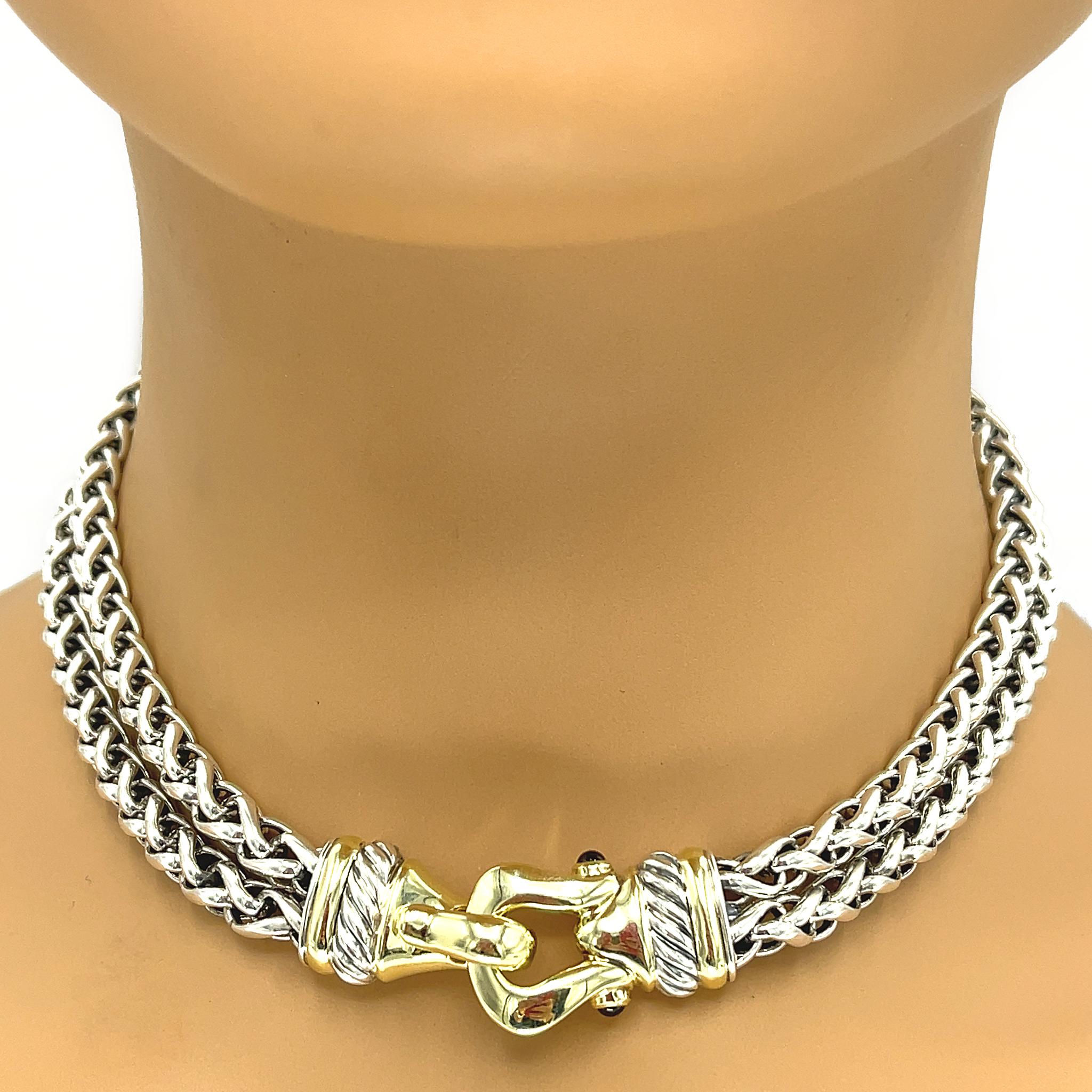 David Yurman Silver and Solid 14 karat Gold Double Wheat Chain Buckle Necklace 4