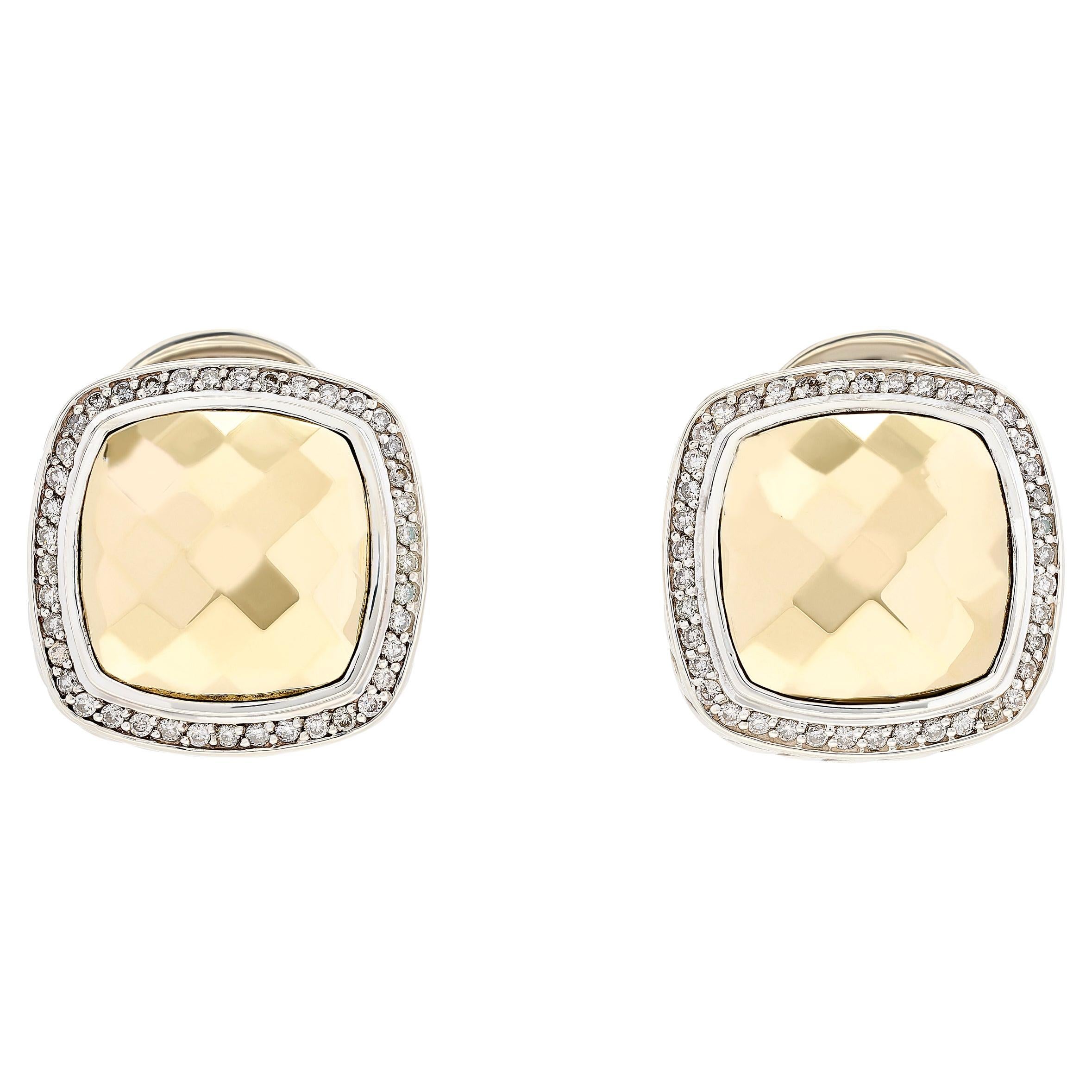 David Yurman Silver and Textured 18 Karat Yellow Gold Diamond Halo Earrings For Sale