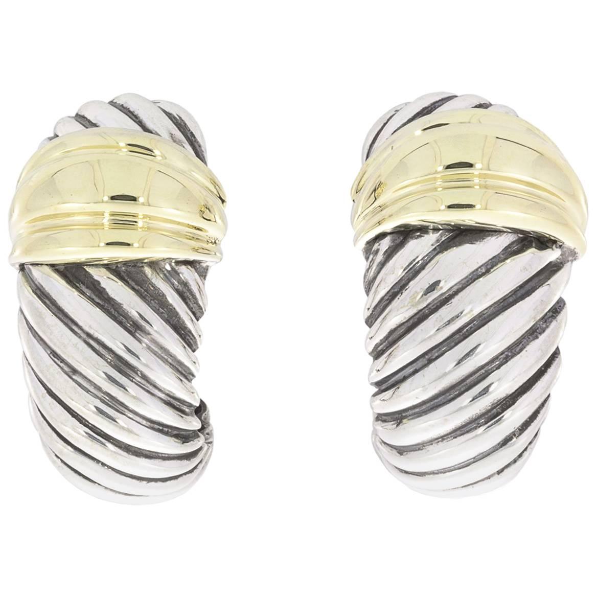 David Yurman Silver and Yellow Gold Large Thoroughbred Shrimp Cable Earrings