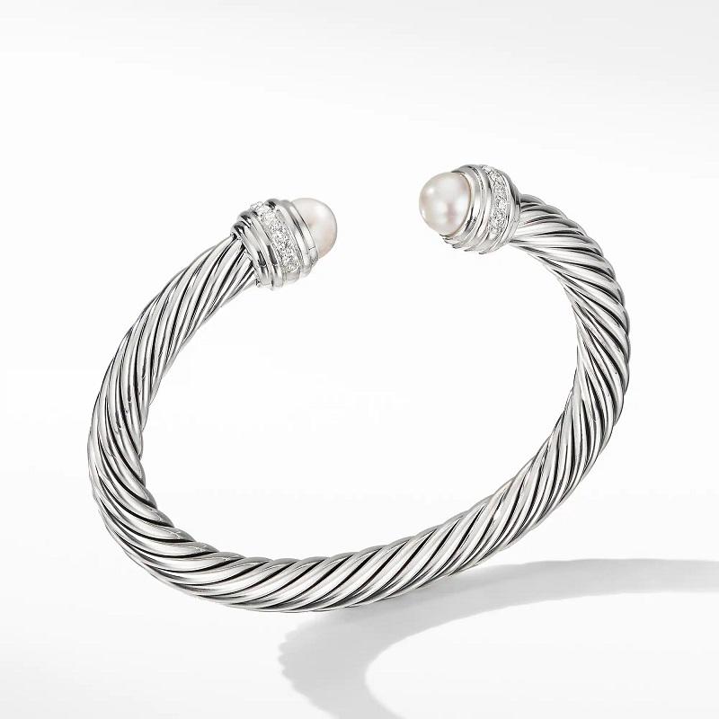 Round Cut David Yurman Silver Cable Bracelet with Pearls & Diamonds B14391DSSDPEDI