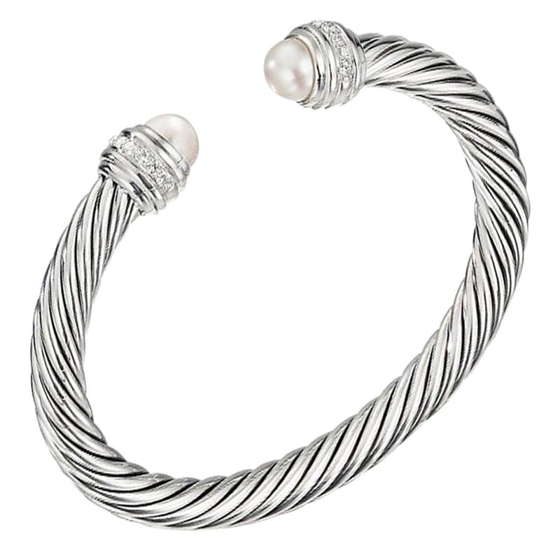David Yurman Silver Cable Bracelet with Pearls & Diamonds B14391DSSDPEDI