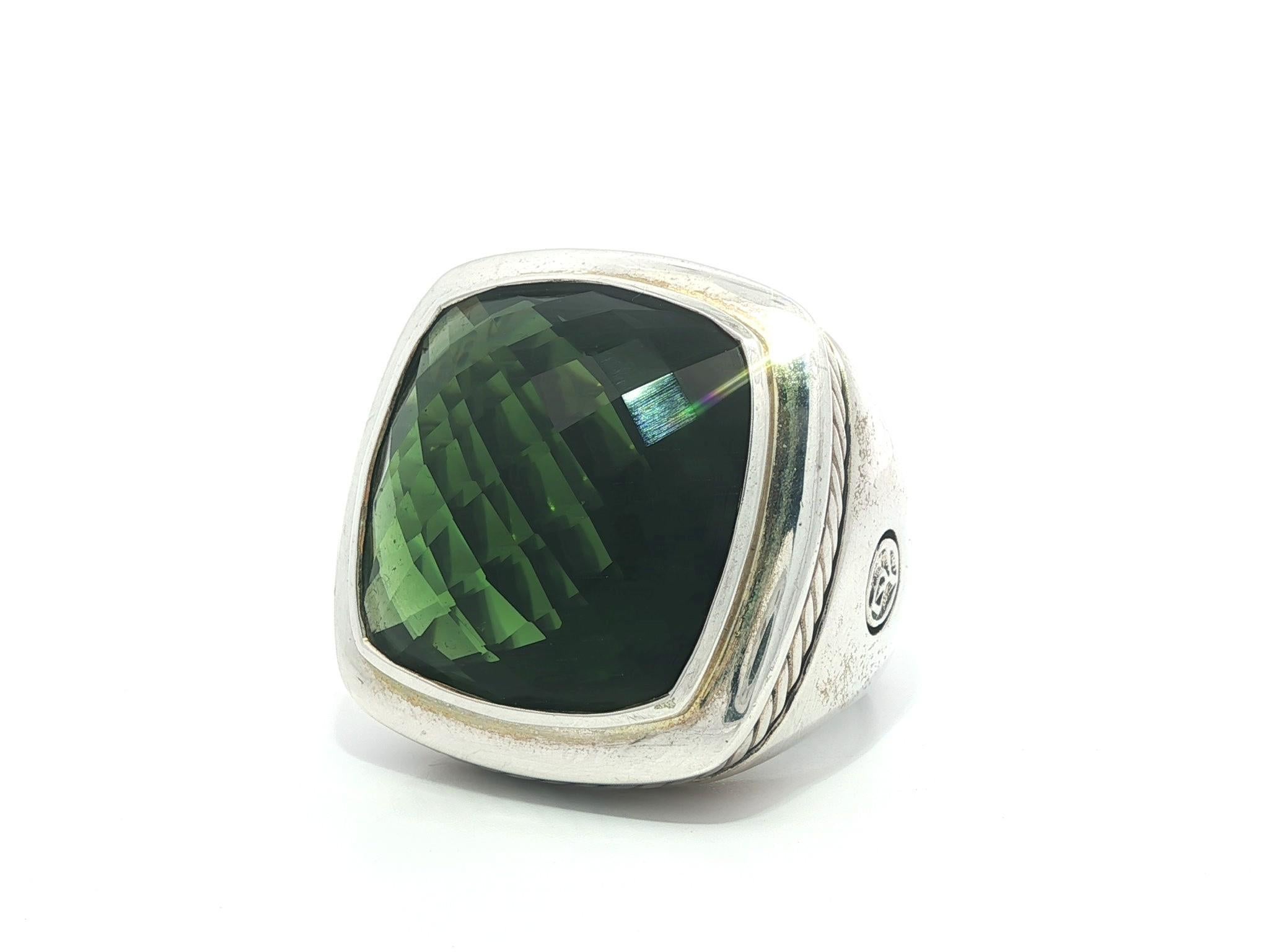 David Yurman Anillo Albion de 20 mm con piedra verde en forma de cojín de damero de plata en Bueno estado para la venta en Montclair, NJ