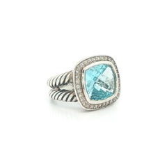 David Yurman Silver Cushion Checkerboard Blue Topaz w/ Diamond Halo Albion Ring