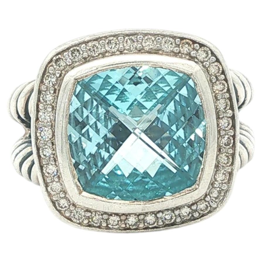 David Yurman Silver Cushion Checkerboard Blue Topaz w/ Diamond Halo Albion Ring