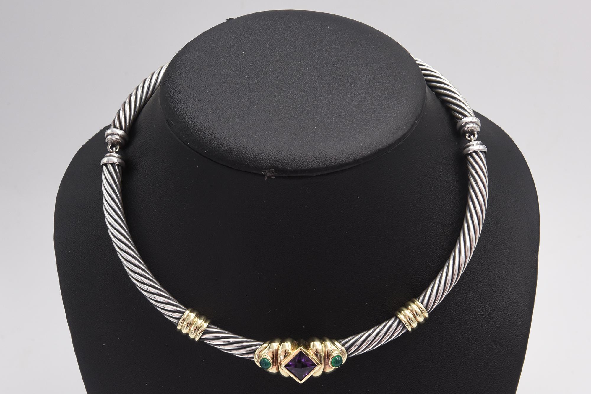 David Yurman Silver Gold Amethyst Chalcedony Renaissance Cable Chocker Necklace For Sale 5