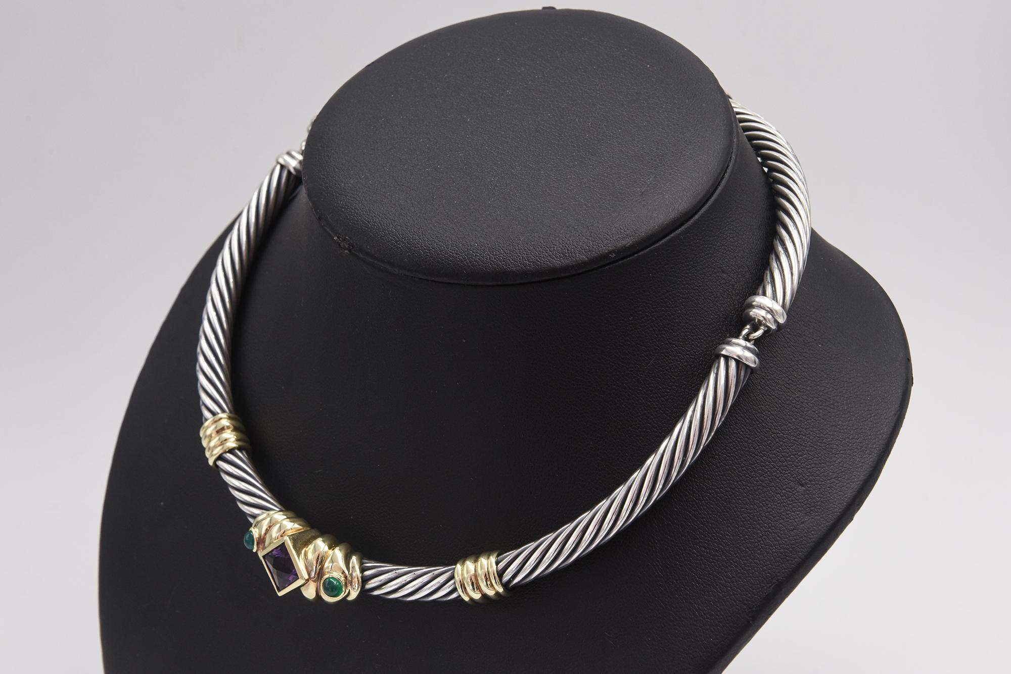 David Yurman Silber Gold Amethyst Chalcedon Renaissance Kabel Chocker Halskette im Angebot 6