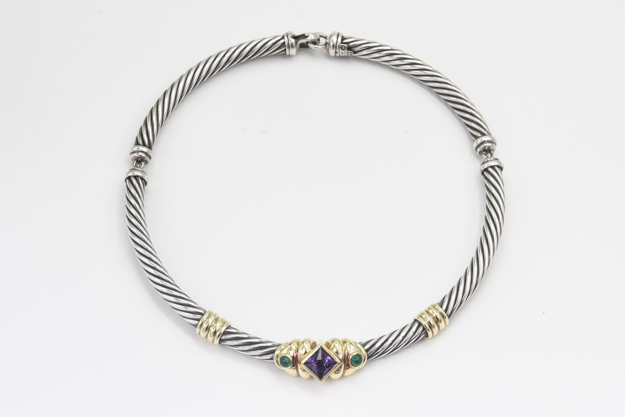 Classic David Yurman Renaissance Chocker Necklace made of a sterling silver twisted cable with 14k yellow gold stations. The sterling area cable is approximately 7mm thick and the necklace is approximately 16