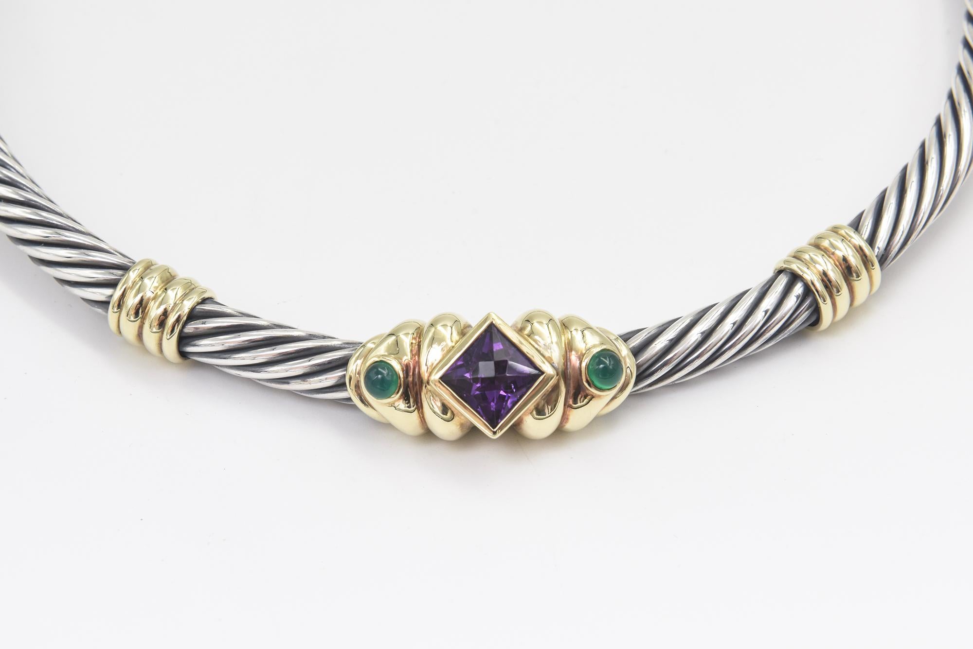 Square Cut David Yurman Silver Gold Amethyst Chalcedony Renaissance Cable Chocker Necklace For Sale