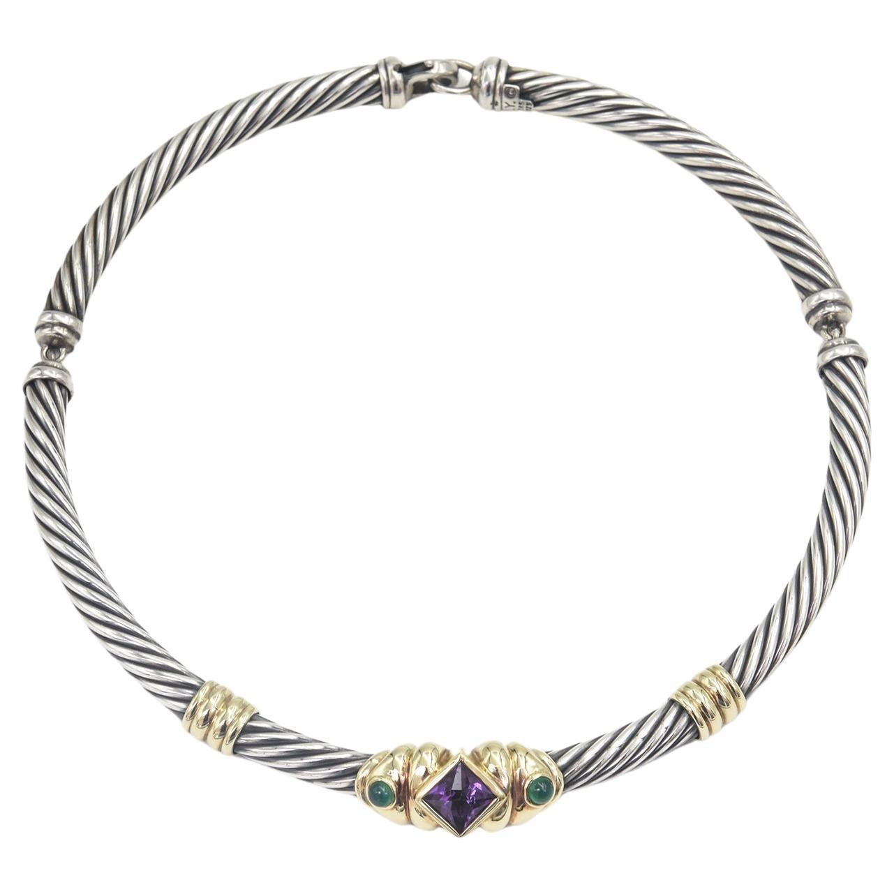 David Yurman Silver Gold Amethyst Chalcedony Renaissance Cable Chocker Necklace For Sale