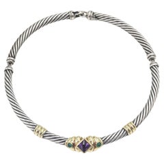 Used David Yurman Silver Gold Amethyst Chalcedony Renaissance Cable Chocker Necklace