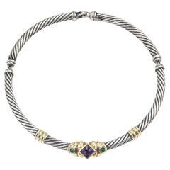 David Yurman Collana con cavo rinascimentale in argento e oro con ametista e calcedonio