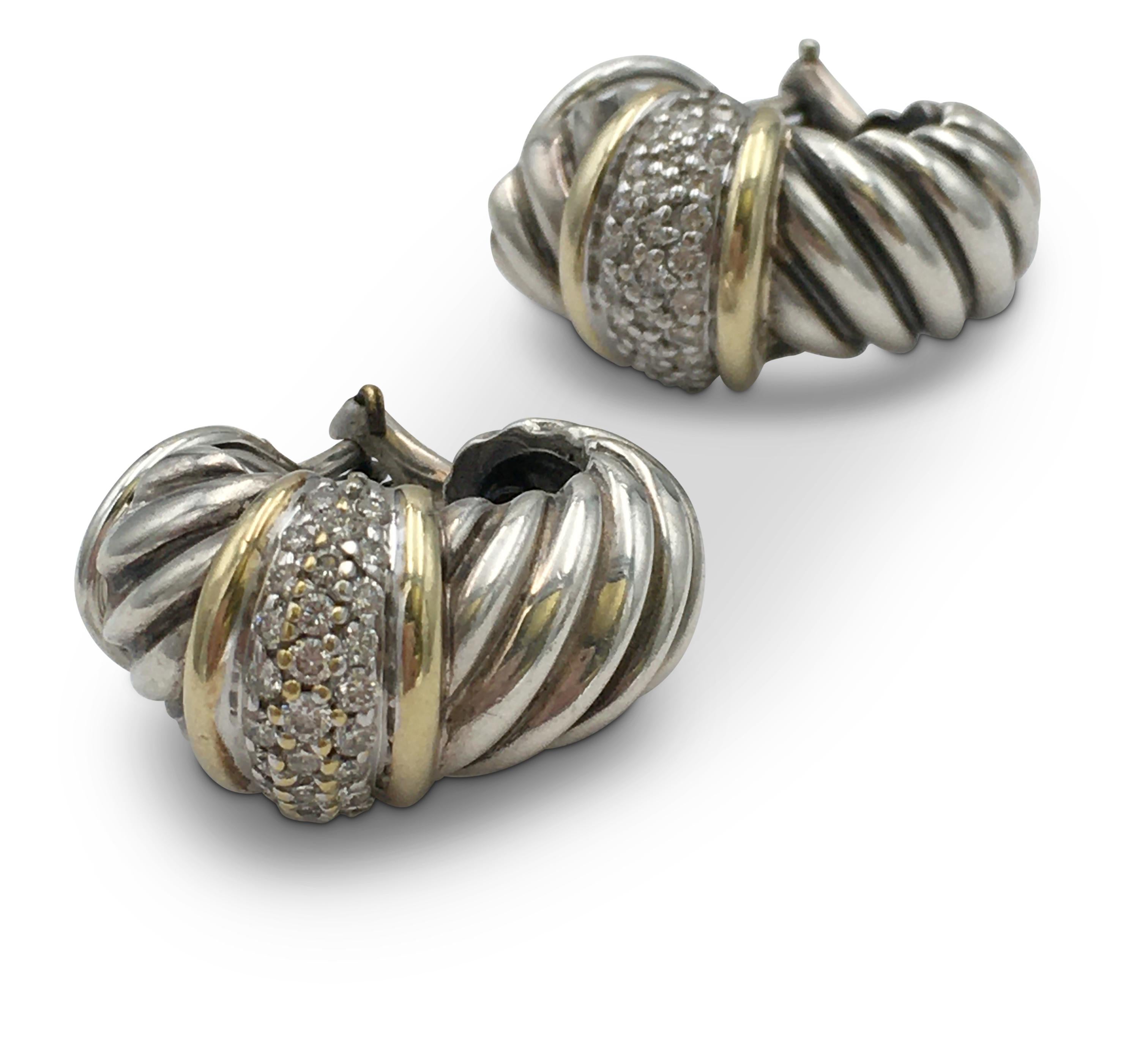 Women's David Yurman Silver Gold and Diamond Cable Earrings