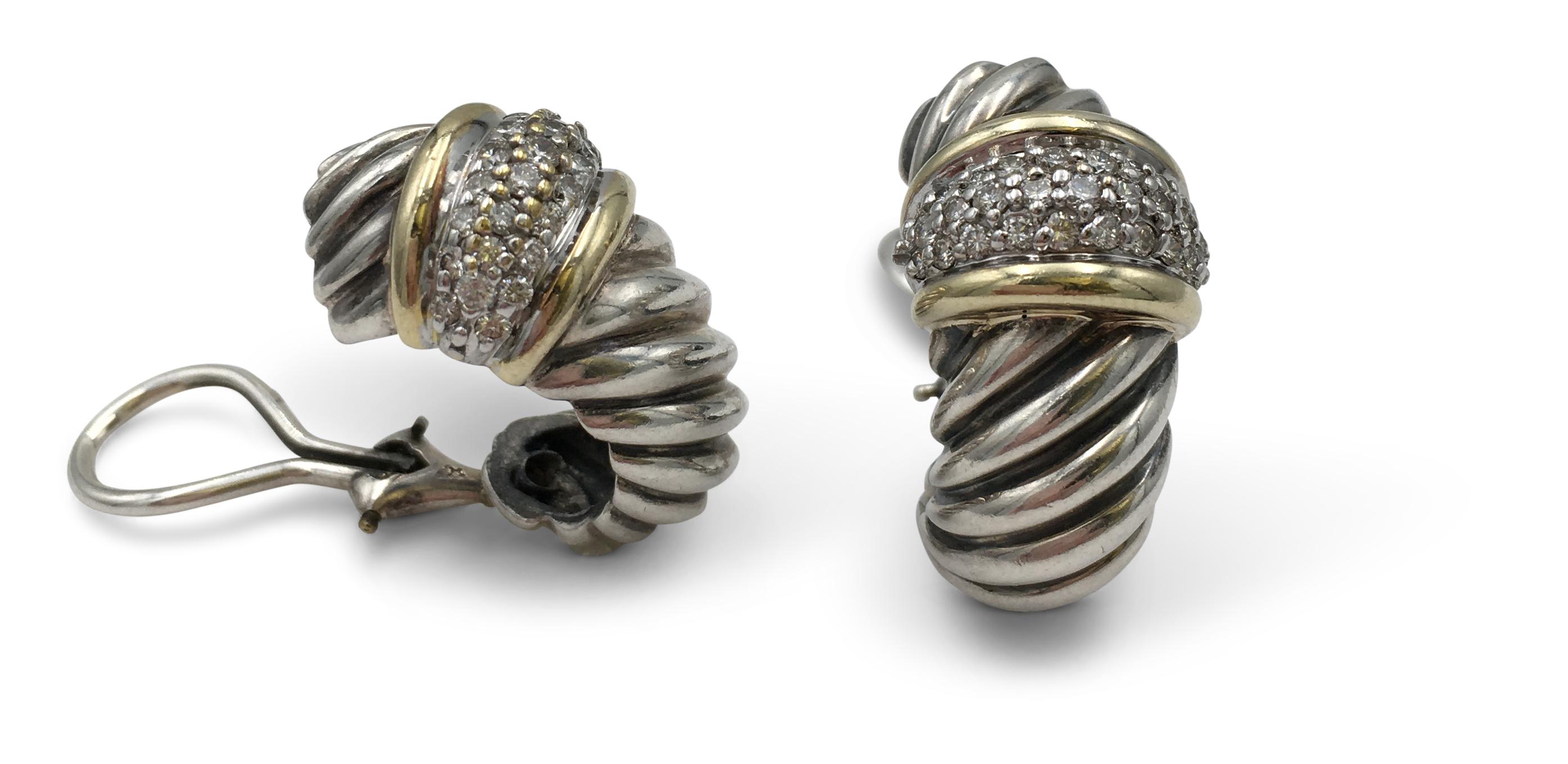 David Yurman Silver Gold and Diamond Cable Earrings In Excellent Condition In New York, NY