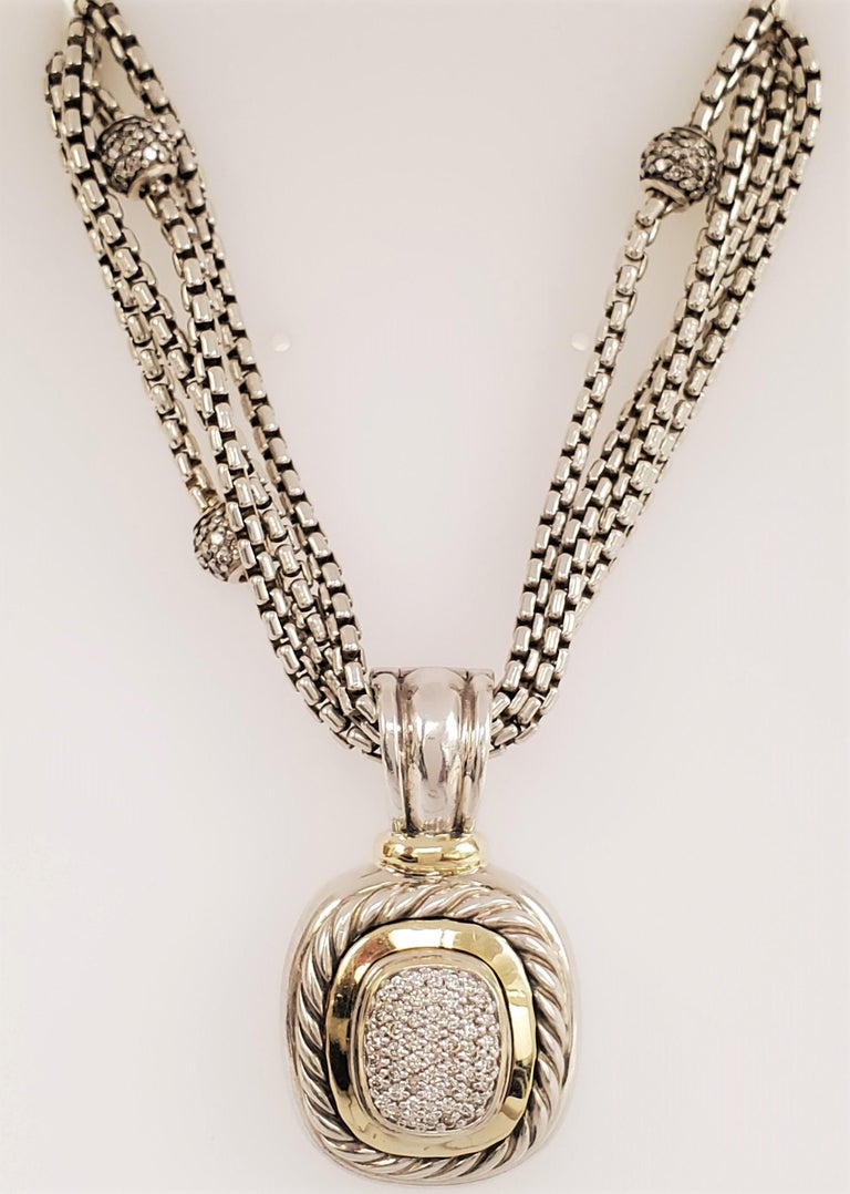 David Yurman Silver Gold and Diamond Pendant Necklace For Sale at 1stdibs