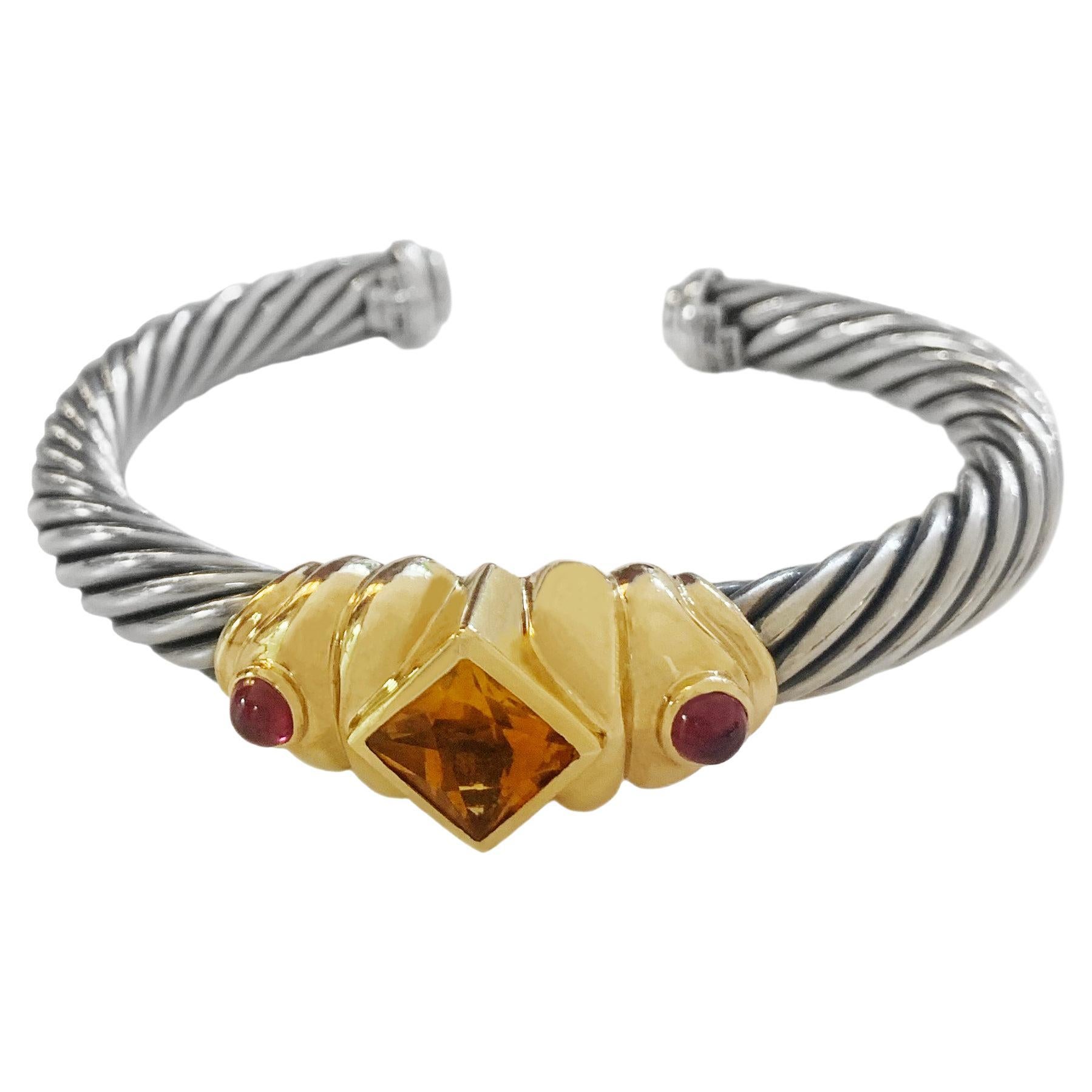David Yurman Silver & Gold Citrine Renaissance Cable Cuff Bracelet For Sale